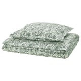 Conjunto de edredom e fronhas paisley verde, retangular, mistura de algodão-viscose com intrincados padrões de folhas.