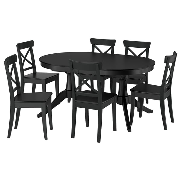 ROSENTORP conjunto de jantar preto: mesa redonda extensível, quatro cadeiras combinando. Madeira maciça, design moderno.