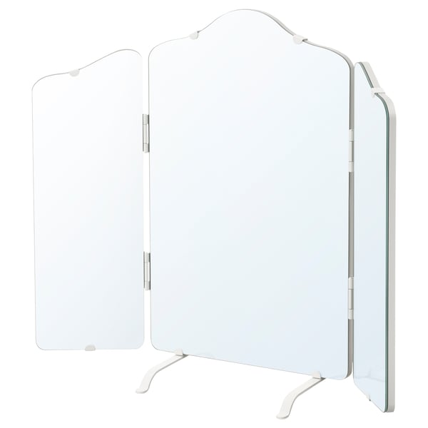 O espelho triplo ROSSARED em branco. Possui laterais dobráveis e pernas removíveis, adequadas para uso em mesa ou parede, mostrando seu design ondulado.