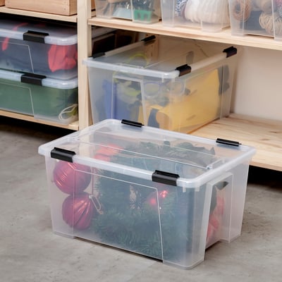 SAMLA Caixa c/tampa/fecho c/clip, transparente/preto, 57x39x29 cm/45 l