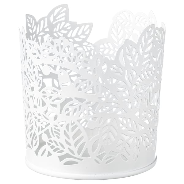 Porta-velas SAMVERKA branco com design de folhas, sombras de velas.