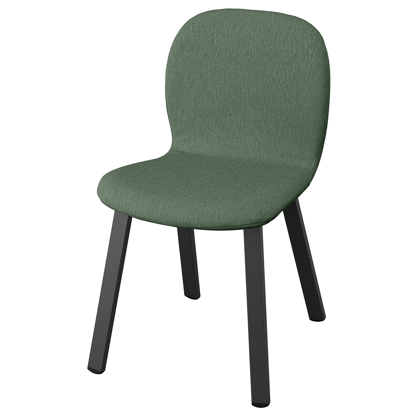 Cadeira verde SKÅLSTA com pernas pretas, assento curvo, estofos de tecido.