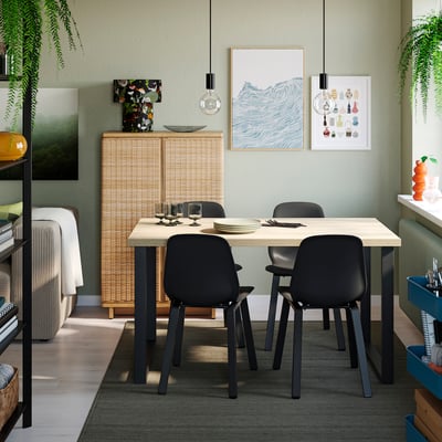 SKÅLSTA Mesa e 4 cadeiras, efeito carvalho Em forma de U preto-cinzento/plástico preto c/contorno metálico/preto-cinzento, 140x80 cm