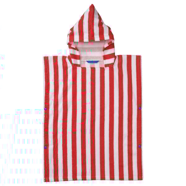 Poncho de banho listrado vermelho e branco com capuz, feito de algodão, perfeito para crianças após o banho.