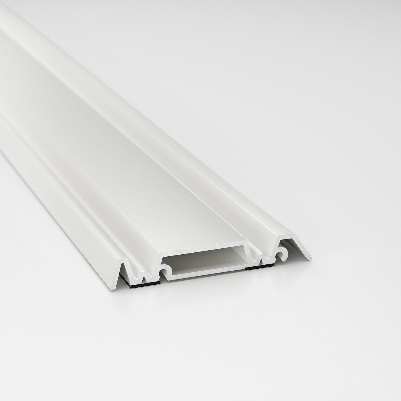 Trilho de piso de metal branco para portas de correr, apresentando design elegante e moderno, engenharia de precisão e acabamento limpo. Ideal para várias superfícies.