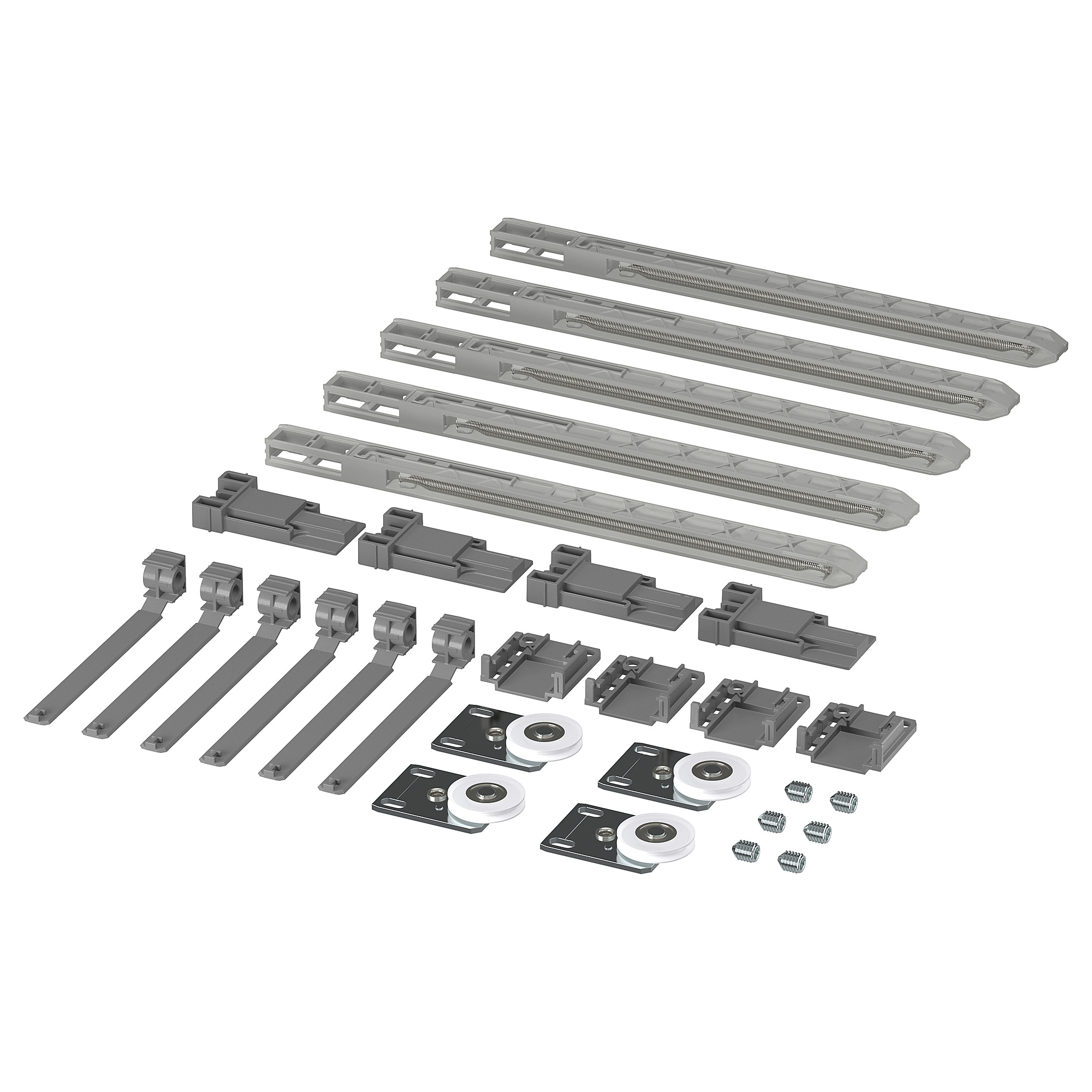 Kit de ferragens para portas deslizantes SKYTTA. Inclui trilhos de metal cinza, suportes, rolos de plástico e parafusos.