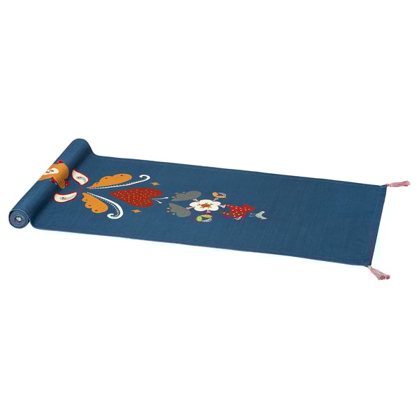 Caminho de mesa SLÄTTIKA azul, retangular, bordado com figuras de desenhos animados, algodão.