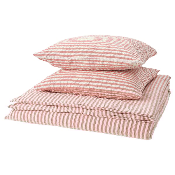 Conjunto de cama listrado vermelho e branco; Inclui capa de edredão e almofadas. Feito de algodão respirável e viscose, textura seersucker.