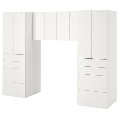 Módulo de arrumação modular branco com armários e gavetas. Design moderno e minimalista, ideal para organizar e maximizar o espaço.