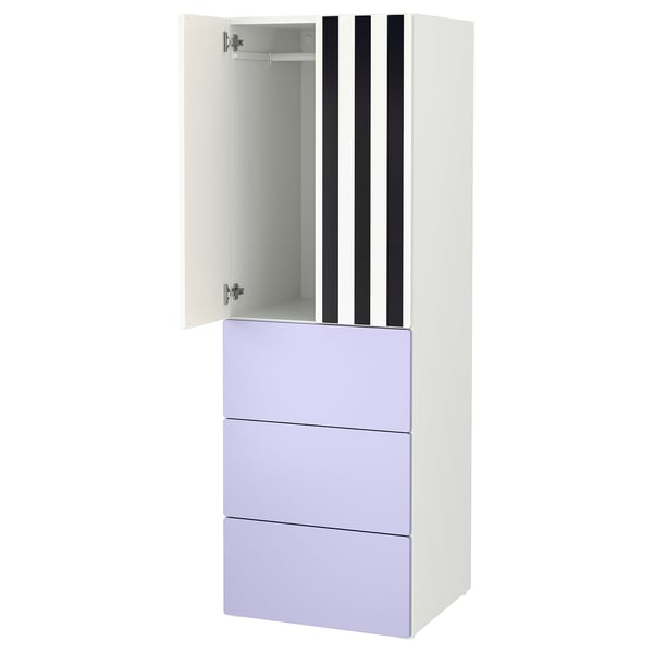 Apresenta um roupeiro ikea SMÅSTAD branco com gavetas roxas e portas às riscas pretas e brancas.