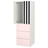 Roupeiro ikea SMÅSTAD, branco e rosa claro, com riscas pretas na porta, com gavetas e um roupeiro no interior.
