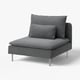 Cadeira cinzenta SÖDERHAMN da IKEA, elegante e arejada, com pernas e almofadas metálicas, ideal para lounges modernos.