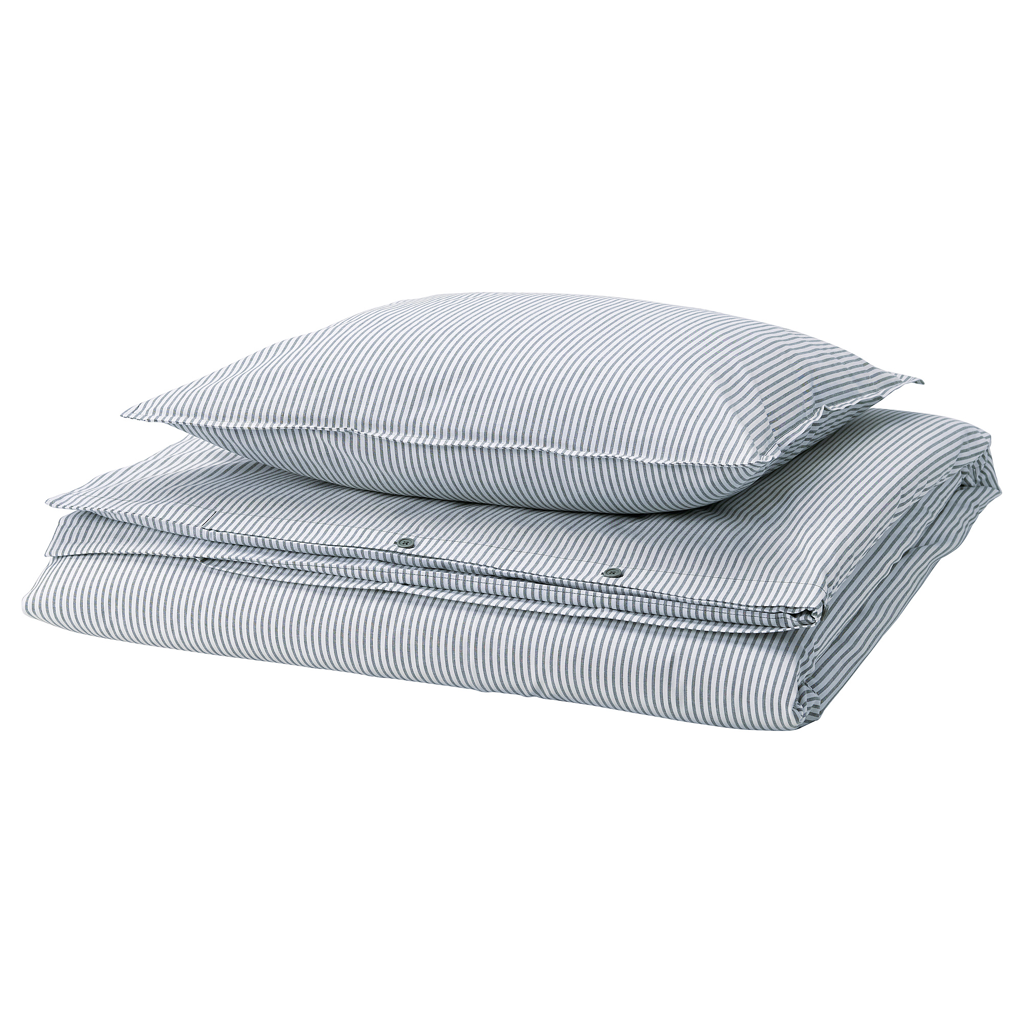 Almofadas de algodão reciclado listradas de azul.