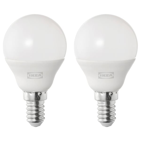 Duas lâmpadas led ikea redondas, branco, base metálica, forma padrão, design liso.