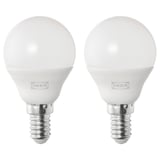 Duas lâmpadas led ikea redondas, branco, base metálica, forma padrão, design liso.