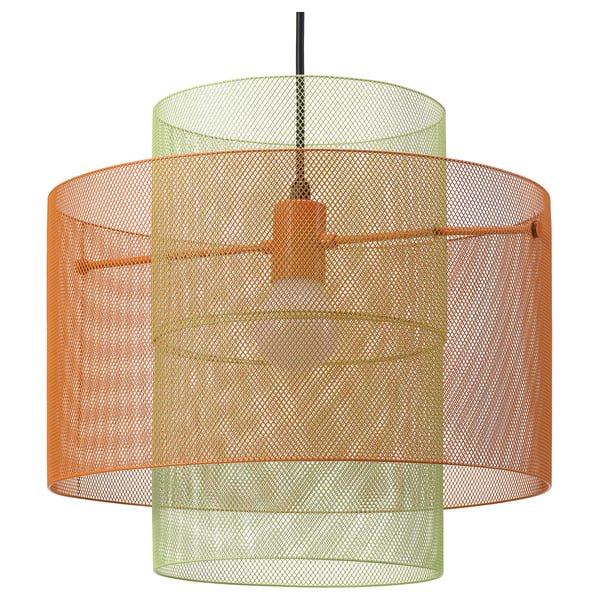 Luminária pendente SOLVINDEN: dupla camada, tons de malha laranja e verde, forma cilíndrica, design moderno.