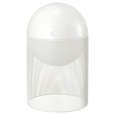Purificador de ar branco SOLVINDEN, com cúpula e design de malha cilíndrica, feito de plástico e aço.