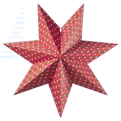 Lanterna vermelha em forma de estrela com padrões de folhas verdes e brancas, feita de papelão, com um design festivo.