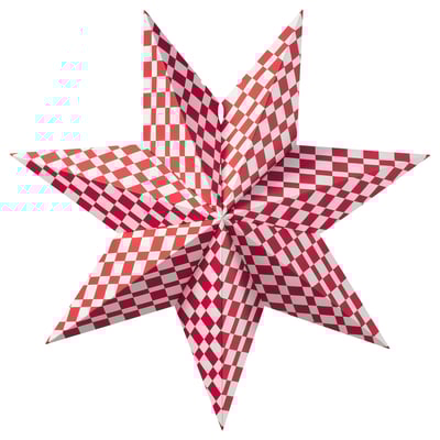 Candeeiro em forma de estrela quadriculado vermelho e branco, feito de cartão, com peças metálicas, cria um visual festivo.