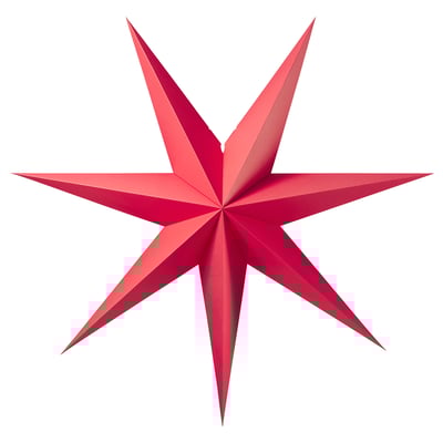 Um candeeiro vermelho em forma de estrela com oito pontas, com um design moderno e minimalista, feito de cartão e policarbonato.