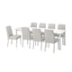 O conjunto de jantar branco STRANDTORP inclui mesa retangular, 7 cadeiras de tecido cinzento claro, design elegante, construção robusta em madeira e metal.