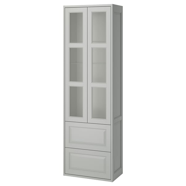 Elegante armário TÄNNFORSEN cinza com portas de vidro para casa de banho. Painéis chanfrados, gavetas e opção de montagem na parede para um visual atemporal.