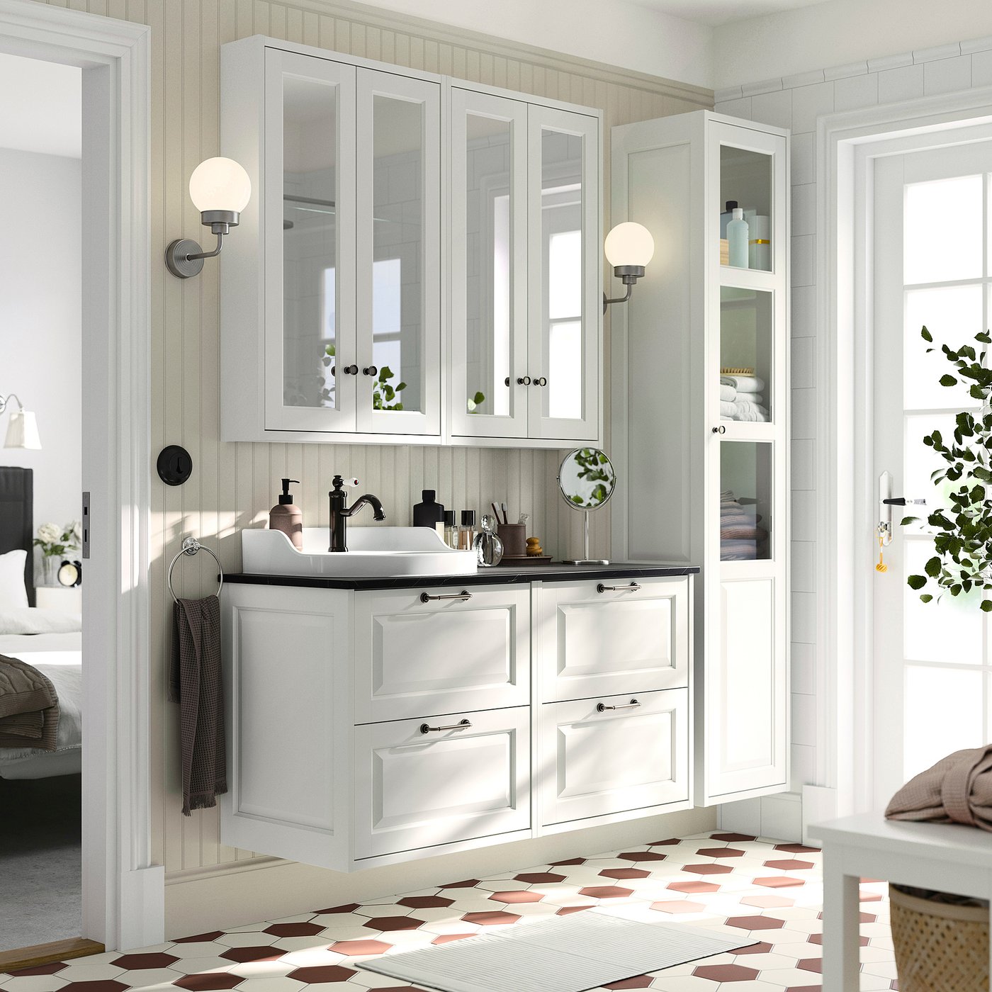 Conjunto de armário para casa de banho branco TÄNNFORSEN com design moderno. Gavetas, bancada e pia. Considerável para espaços compartilhados.