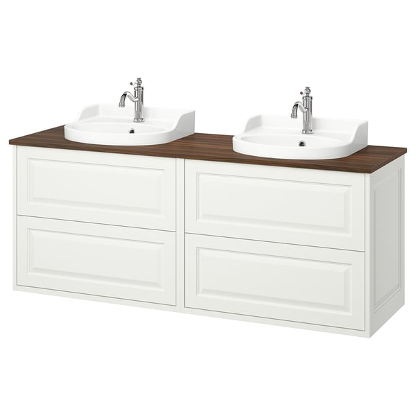 TÄNNFORSEN Lavatório para casa de banho, branco, madeira, lavatório duplo, de parede, design clássico.