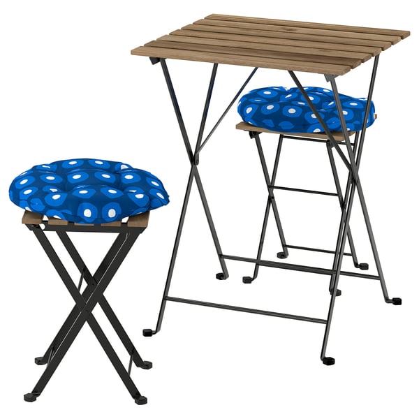 TÄRNÖ Mesa+2 bancos, exterior, dobrável velat preto/cast cl/dobrável Klösan azul escuro, 55x54 cm