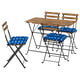 Conjunto de mesa de exterior dobrável e quatro cadeiras com almofadas de bolinhas azuis, feitas de madeira de acácia e aço.