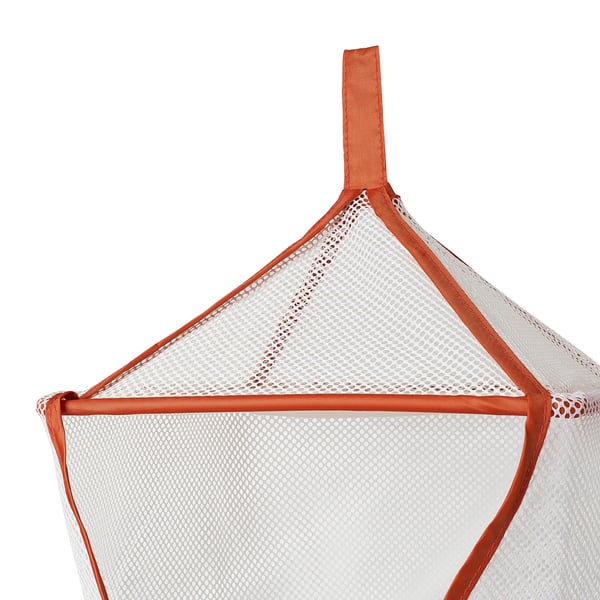 Saco de tecido em rede com detalhes laranja resistentes, bem cosidos e prontos a usar.