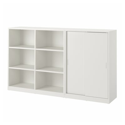 Conjunto de móveis TONSTAD branco com arrumação aberta e fechada. Elegante, esbranquiçado com linhas limpas e prateleiras ajustáveis.
