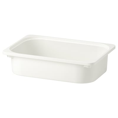 Uma caixa de arrumação TROFAST branca. É feito de plástico reciclado, retangular com bordas lisas e sem tampa.