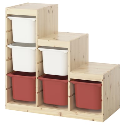 Ikea TROFAST: armazenamento de pinho claro, caixas vermelhas e brancas, forma de cubo, design modular.
