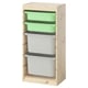 Uma unidade de arrumação em madeira TROFAST da ikea com caixas de plástico verde e branca, ideal para organizar brinquedos para crianças.