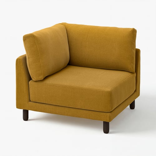 Sofá de canto moderno UPPÅKRA amarelo mostarda com tecido texturizado, pernas de madeira escura, design confortável.