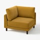 Sofá de canto moderno UPPÅKRA amarelo mostarda com tecido texturizado, pernas de madeira escura, design confortável.