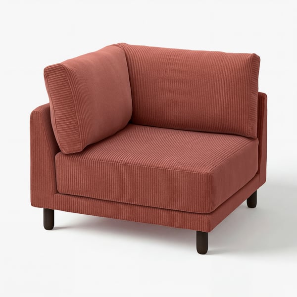 UPPÅKRA, sofá vermelho-ferrugem, design moderno elegante, almofadas macias, quatro pernas de madeira escura.