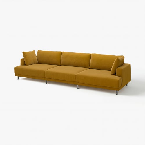 Sofá moderno UPPÅKRA amarelo-mostarda com linhas limpas e almofadas largas.
