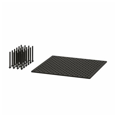 Pegboard e pinos pretos, forma quadrada, solução de armazenamento personalizável.