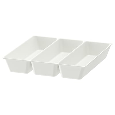 Um tabuleiro de talheres de plástico branco chamado UPPDATERA com três compartimentos. É retangular, projetado para organizar utensílios de cozinha e tem cantos arredondados.