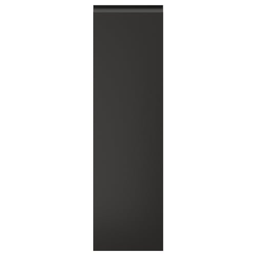 Uma porta de armário de cozinha retangular vertical preta com um design elegante e moderno e puxadores integrados.