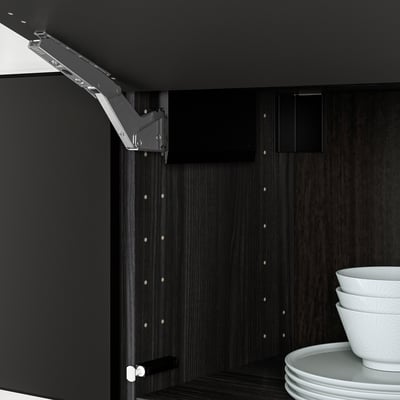 A dobradiça preta do armário permite que a frente da gaveta crie uma porta horizontal, empurre para abrir, feche suavemente.