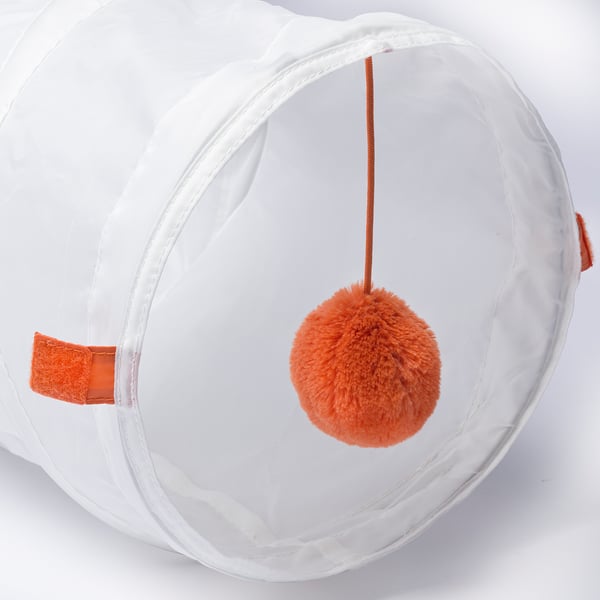 Túnel de jogo de gato dobrável plano, brinquedo de pompom laranja brilhante dentro, tecido de qualidade.