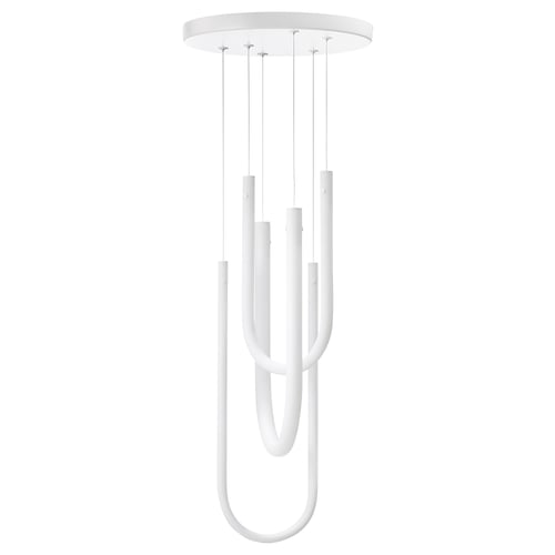 Candeeiro suspenso Varmblix: branco, 3 braços de vidro em forma de U pendurados no teto, emite luz quente.
