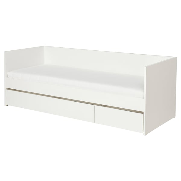 Cama de dia VIHALS branca, moderna e minimalista. Oferece assentos e armazenamento com gavetas.