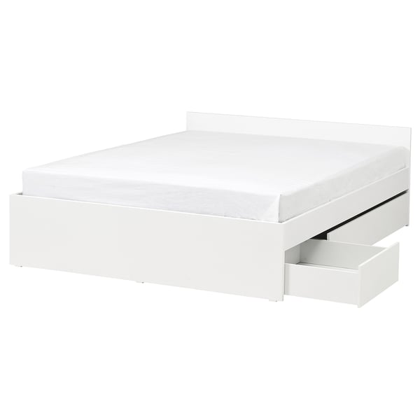 Estrutura de cama VIHALS branca com 2 caixas de armazenamento, design limpo.