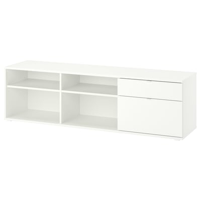 Um móvel de tv VIHALS branco com 2 gavetas e 2 prateleiras, ideal para arrumação e gestão de cabos.