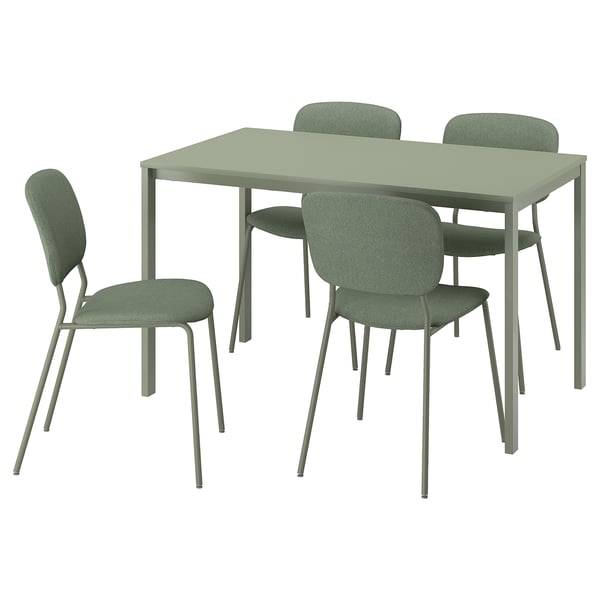 Um conjunto de jantar VIHALS verde com uma mesa retangular e quatro cadeiras combinando, com assentos estofados modernos e pernas de metal.