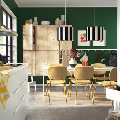 VIHALS / VIHALS Mesa e 6 cadeiras, branco/amarelo Tibbleby amarelo, 120/180x74 cm